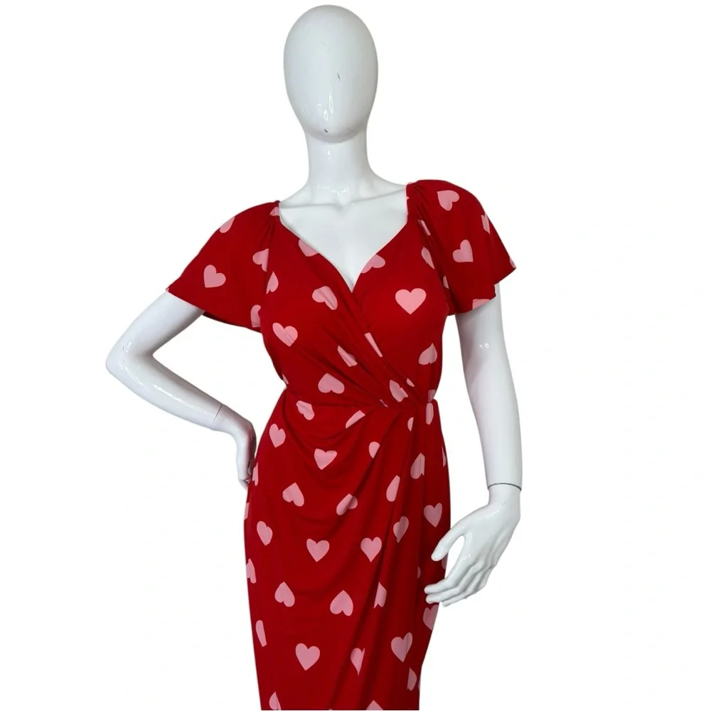 LANE BRYANT WOMEN'S RED PINK HEART FLUTTER SLEEVE FAUX-WRAP MAXI MID DRESS PLUS - Picture 8 of 12